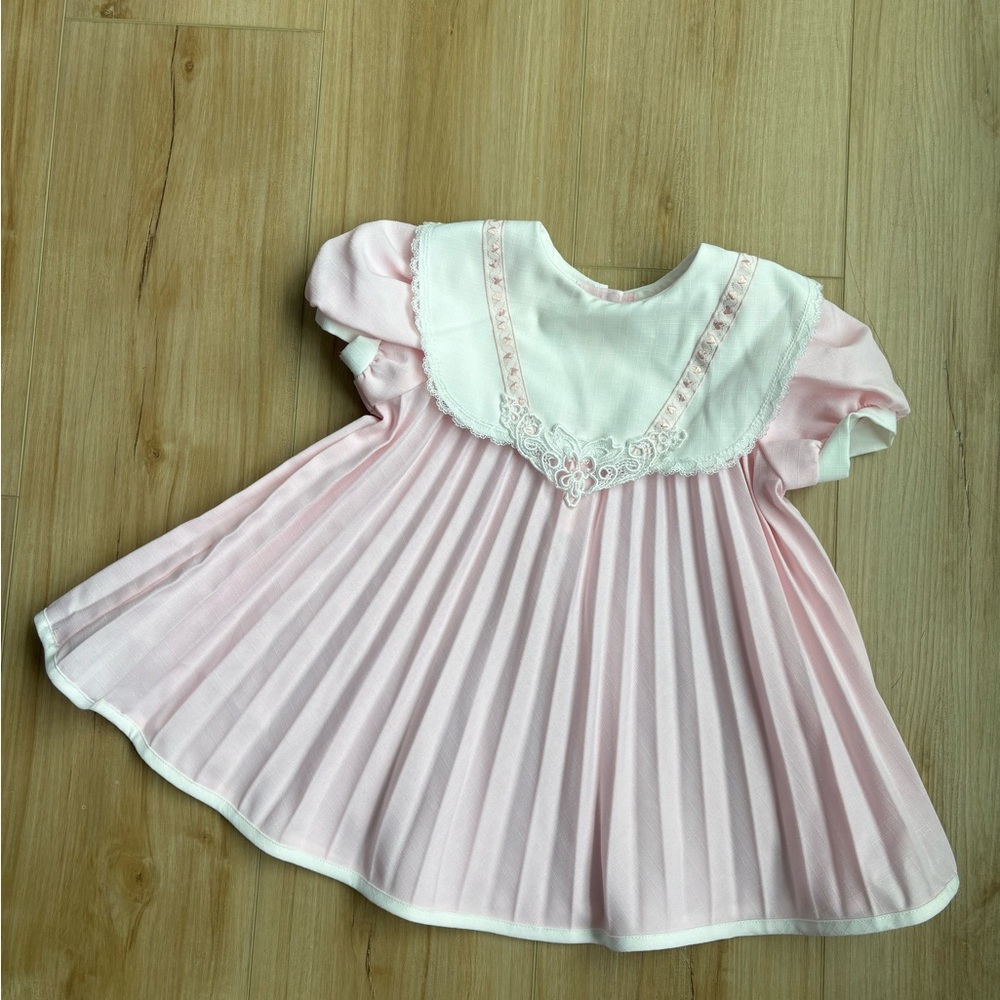 Vintage Pink Pleated Baby Dress with Lace